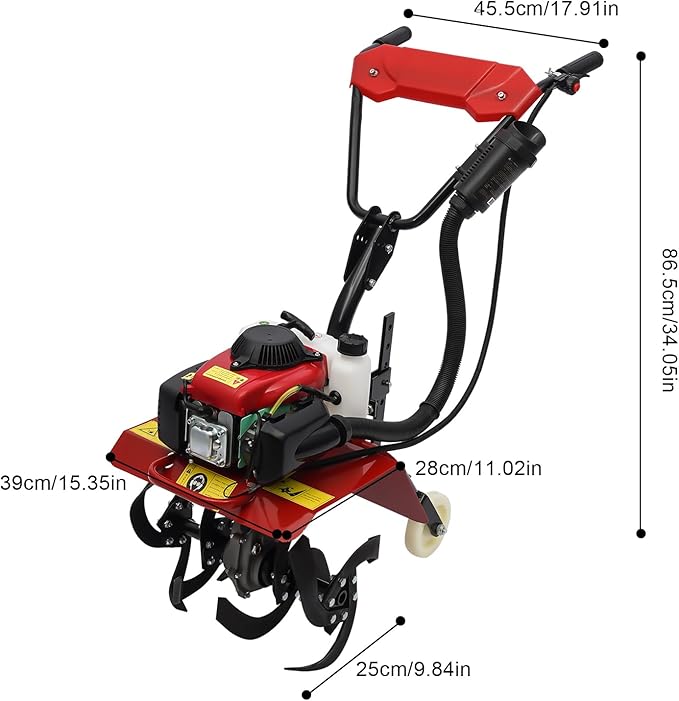 Mini Tiller Cultivator, 63CC 4-Stroke Gas Powered Tiller Cultivator 8500-9000rpm Speed 1600W Garden Yard Rototiller Tilling with Fuel Tank Cordless Tiller Cultivator for Gardening