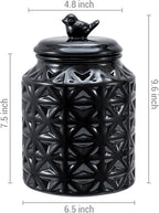 MyGift 6 Inch Round Black Ceramic Cookie Jar with Airtight Lid and Bird Shape Top Handle, Vintage Style Kitchen Canister with Embossed Geometric Star Pattern