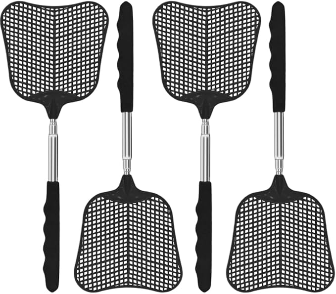 MYSTICHOME Fly Swatter 4 Pack, Durable Heavy Duty Plastic Fly Swatters, Stainless Steel Telescopic FlySwatter for Indoors/Outdoor/Kitchen/Garden (4 PCS Black)