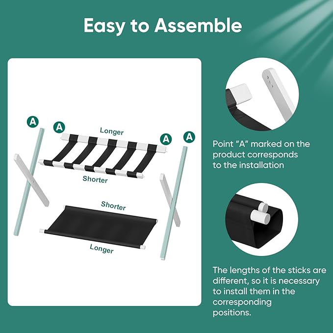 Smuxee White Bamboo Luggage Rack Pack of 2, Foldable Suitcase Stand with Storage Shelf, Easily Assembled Luggage Stand with 5 Nylon Straps for Guest Room Bedroom Hotel