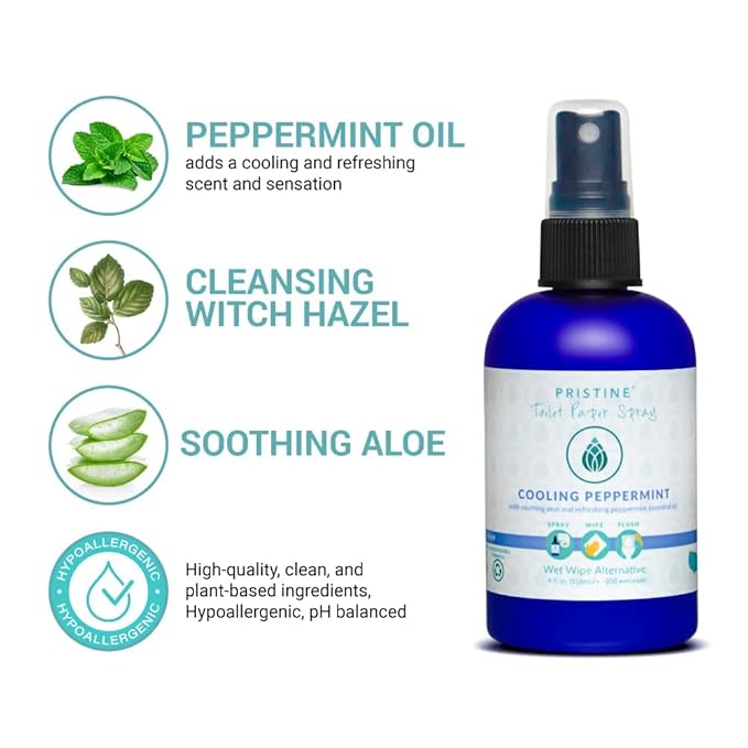 PRISTINE Toilet Paper Spray - As Seen on Shark Tank, More Natural Personal Cleansing Wipes & Flushable Wet Wipes Alternative, Cooling Peppermint, 32 fl oz Refill