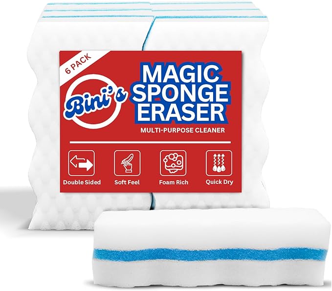 BINI'S Magic Sponge Eraser, Extra Durable, Multi Purpose Cleaner, Shoe, Bathroom, Shower, and Car Window and Windshield Cleaner, Cleaning Pads, 6 Count
