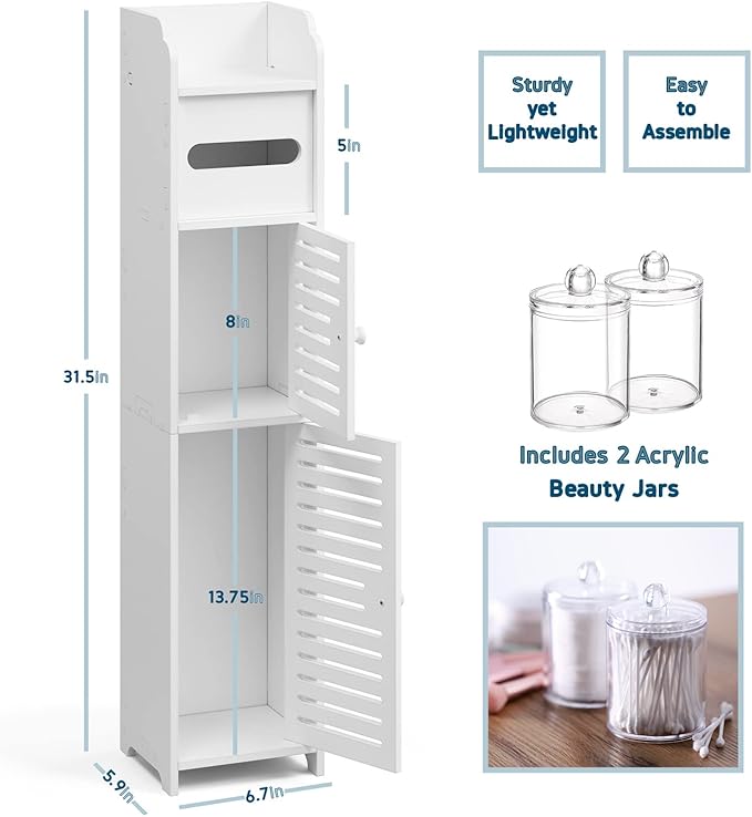 StorageBud Bathroom Storage Organizer - Floor Standing with Shelves - Includes 2 Apothecary Jars - Tall Bathroom Storage Cabinet for Toilet Paper, Towel & Other Bathroom Storage Accessories - White