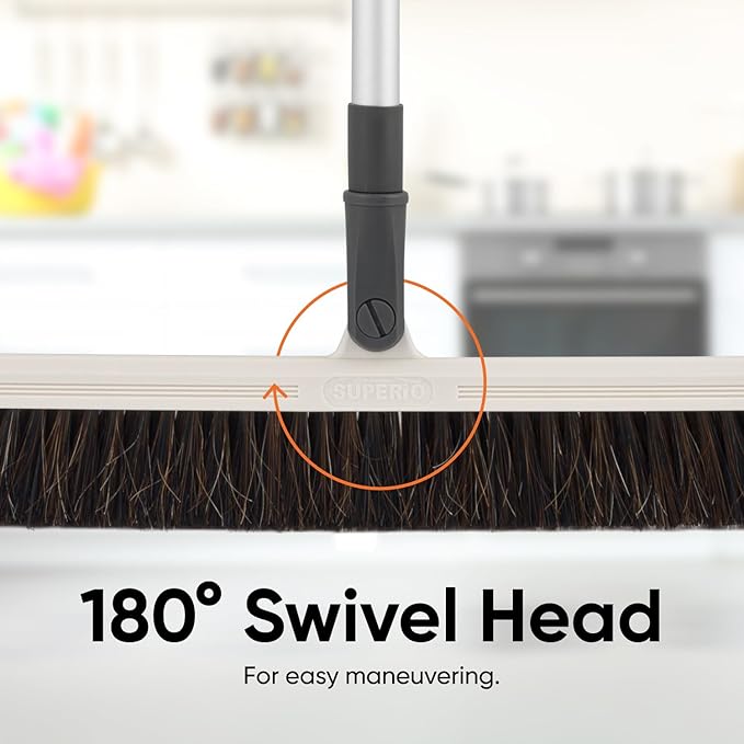 Horse Hair Broom Head – 18" Thin, Narrow (1 Inch) Upright Swivel Broom Head for Hardwood Floors – Soft Bristle Dust Broom for Dog Hair – Head ONLY