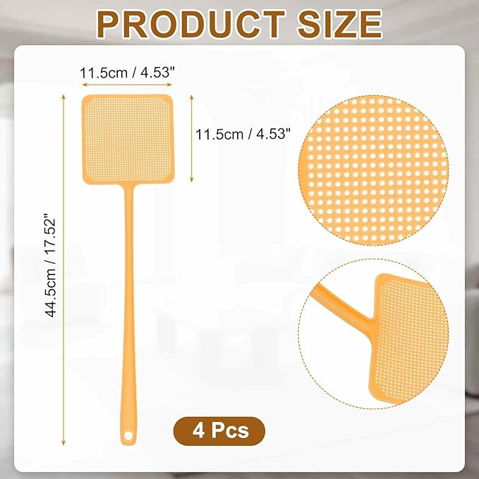 HARFINGTON 4pcs Fly Swatter 4.5"x4.5" Plastic Manual Heavy Duty Long Handle Fly Swatter for Home Indoor Outdoor, Gold