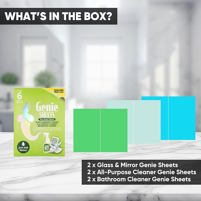 Genie Sheets All Purpose, Glass and Bathroom Cleaners Combo Pack | Concentrate Makes 6 24oz Bottles | Professional-Strength | Just Add Water | Eco-Friendly Plant-Based | 6 Sheets