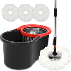 Spin Mop and Bucket with Wringer Set, 3 Washable Microfiber Pads Included for Floor Cleaning, Adjustable Stainless Steel Handle (XS-Black)
