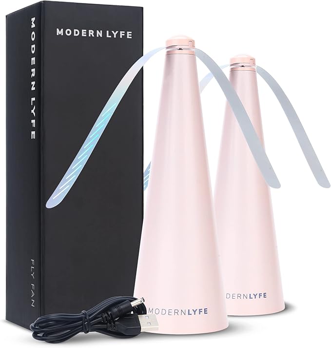 Fly Fans for Tables by Modern Lyfe - AA Battery & USB Powered - Fly Swatter Outdoor Camping Accessory Or for Food at Parties, Restaurants & Picnics, Bug Fan, Spinner Keeps Flies Away (2 Pack - Pink)