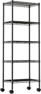 DUMOS 5 Tier Metal Shelving, Heavy Duty Shelves Wire Shelving Unit with Removable Wheel Casters, Shelves Organizer for Bathroom Garage Living Room Kitchen Pantry Laundry Black