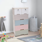5 Layers Bookshelf, Multi-Layer Assembled Baby Wardrobe Storage Cabinet, Cube Organizer Bookcase Cabinet Storage Shelf Rack with 6 Drawers & 5 Wheels, White, Gray, Blue, Pink, Green