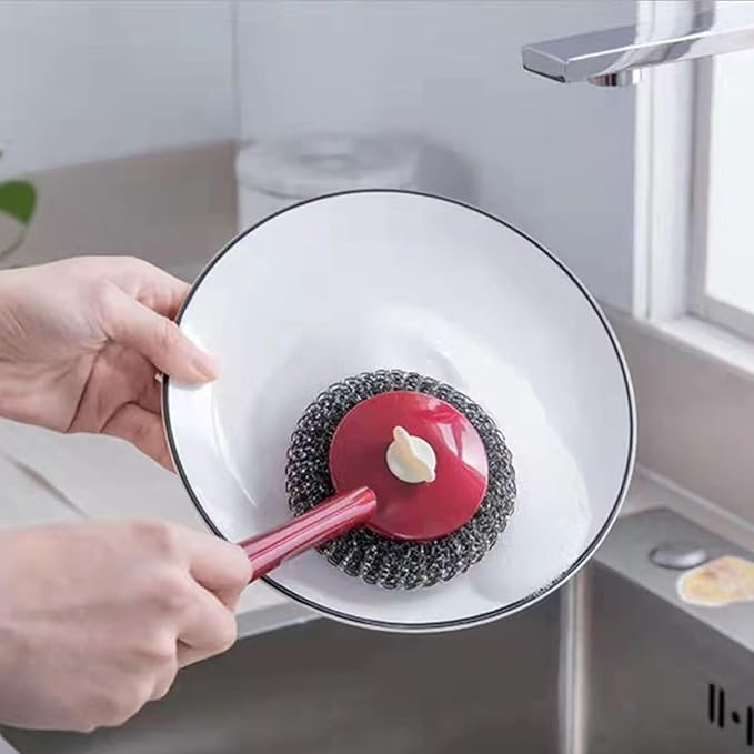 Steel Wool Brush Long Handle Stainless Steel Scrubbers Brush with Replacement Pad for Grill BBQ Pots Pans