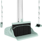 Pet Hair Broom and Dustpan Set, Self Cleaning Teeth No Hair Tangling, Heavy Duty 4 Layer Bristles, Long Handle Upright Sweep Set, Rubber Lip No Dust Left Behind for Home Floor Cleaning(Green)