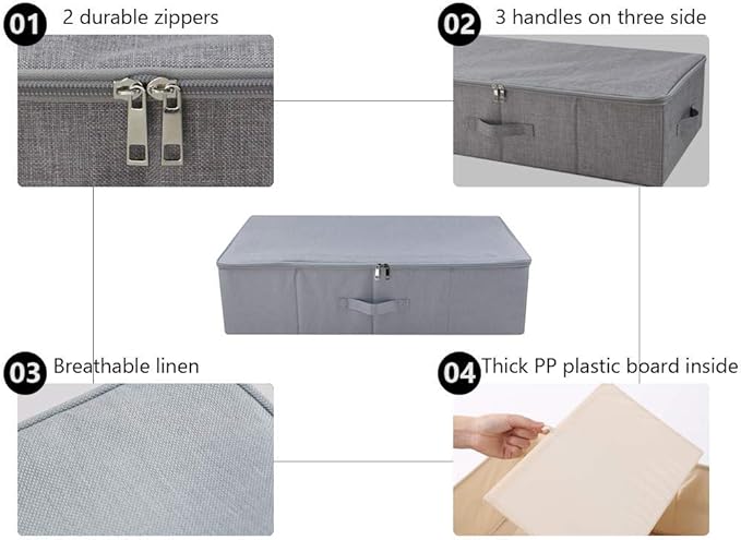 Pack of 3, Folding Under the Bed Storage Bins with Lids, Clothes, Shoes, Blanket, Bedding Closet Organizer Containers, Bedroom Storage Organizer Basket, Space Saving Organiser Bins, Light Gray