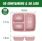 50 Pack (100-Piece) 32 oz Meal Prep Containers Reusable with Lids 3-Compartment, To Go Take Out Plastic Food Storage Containers, Sturdy Leakproof Food Safe, Microwave Freezer Dishwasher Safe, Pink