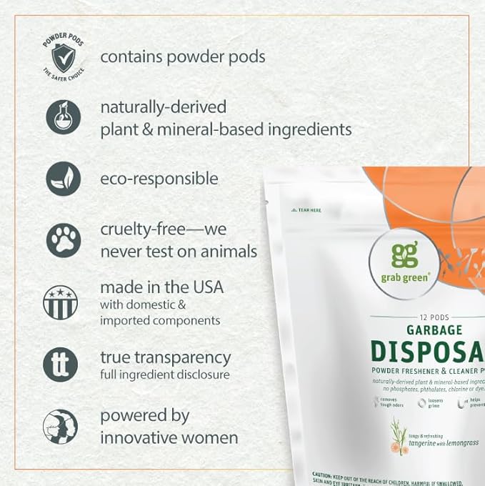Grab Green Garbage Disposal Freshener and Cleaner Pods, 48 Count, Tangerine Lemongrass Scent, Plant and Mineral Based, Removes Odors, Loosens Grime, Prevents Clogging