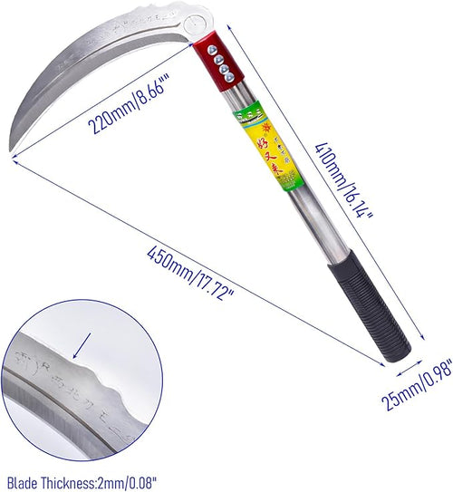 1pce 450mm/17.72in Stainless Steel Billhook Brush Clearing Sickle for Grass,Weeding Tools for Garden,Curved Sawtooth Sickle,Machete Axe for Cutting Trees,Steel Blade Knife in Hand