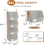 4 Pcs Modular Closet Organizer - Detachable & Foldable Hanging Storage Cubes, 88L Total Capacity, Heavy Duty Fabric Shelves for Wardrobe, Closet Organization, RV, Dorm, Grey