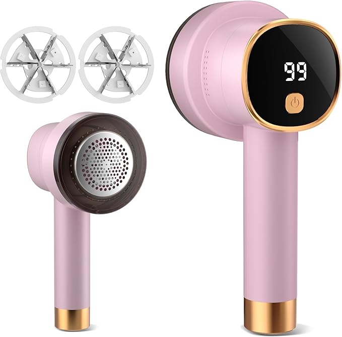 Fabric Shaver, Rechargeable Electric Lint Remover with LED Display, Lint Shaver, 6-Blade, 3-Speed Defuzzer Remove Fuzz, Pills for Clothes, Upholstery, Furniture, Pink