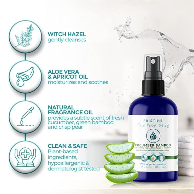 PRISTINE Toilet Paper Spray, More Natural Personal Cleansing Wipes & Flushable Wet Wipes Alternative, Spray Toilet Paper to Create Flushable Wipe, Cucumber Bamboo, 32 fl oz Refill