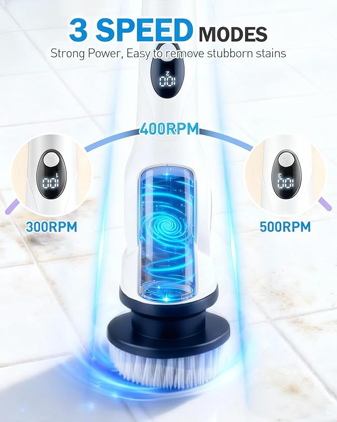 Electric Spin Scrubber, 3-Speed Cordless Shower Scrubber with Long Handle & 10 Replaceable Brush Heads, 90 Mins Runtime & Full-Body IPX7 Waterproof Shower Cleaner Brush for Bathroom Kithchen
