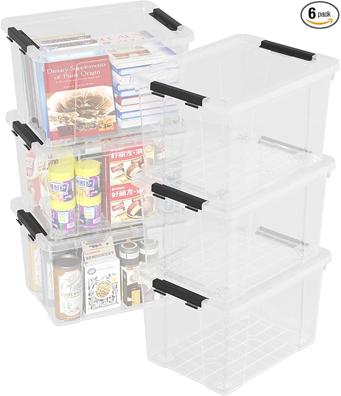 22 Quart Clear Latching box, Plastic Storage Bin with Wheels, 6 Packs