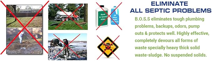 B.O.S.S. Septic Tank Treatment - 12.5oz Powder - 24 Drain or 5 Septic Doses - Patented Bacterial Enzyme - 100% Treats Odors Clogs Backups Pumpouts & Repairs - Works in All Septic Systems - Made in USA