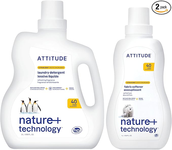 Bundle of ATTITUDE Laundry Detergent and Fabric Softener Liquid, Vegan and Naturally Derived Detergent, Plant Based, HE Washing Machine Compatible, Citrus Zest, 40 Loads