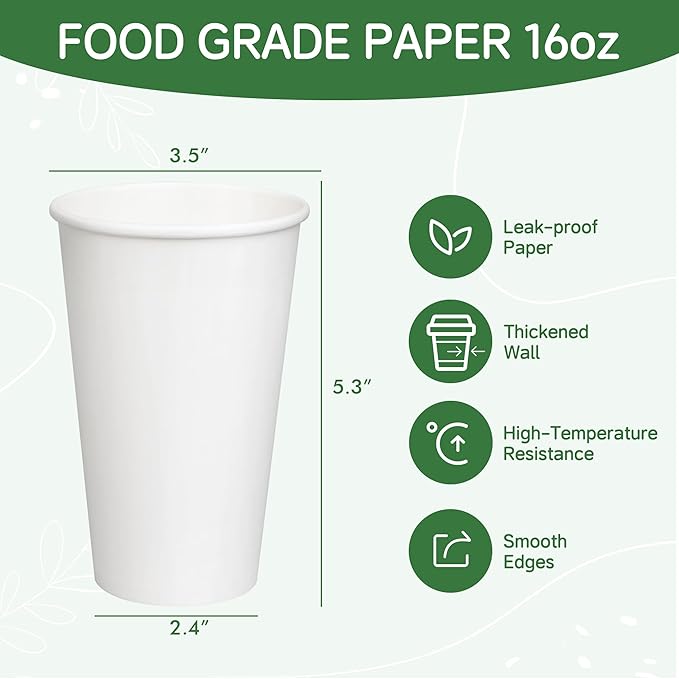 16 oz 500 Pack White Disposable Paper Coffee Cups, Hot/Cold Drink Cups, Bulk Plain Coffee Cups