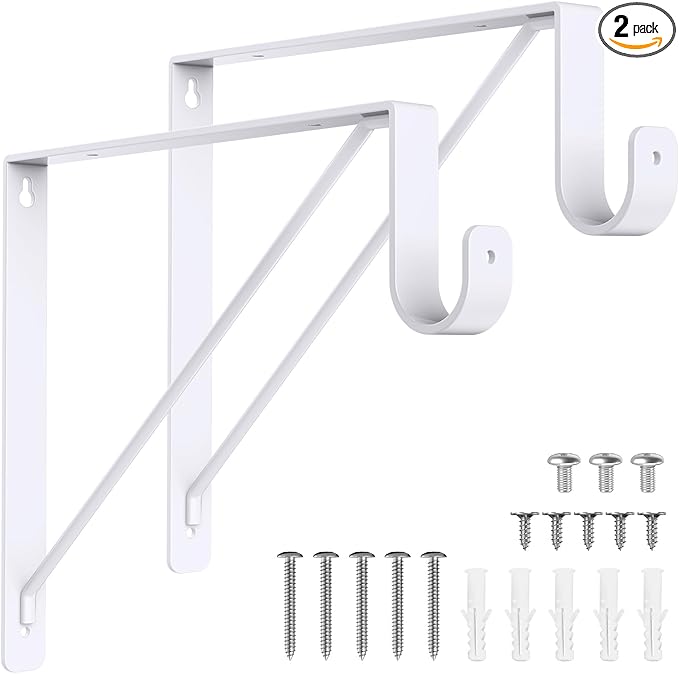 Supforce 2 Pack Closet Rod Bracket, Heavy Duty Closet Rod Support with Rod Holder, Wall Mounted Closet Shelf Brackets with Triangle Stabilizing Design for Closet, Bathroom and Kitchen, White