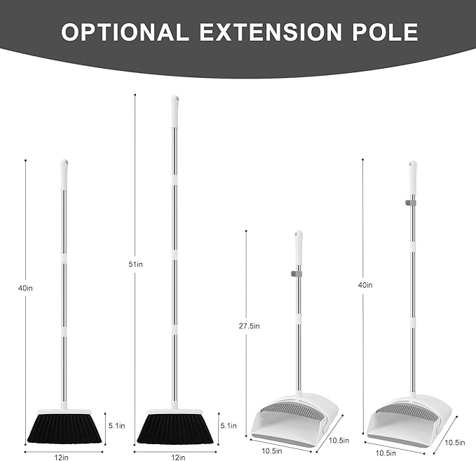 Broom and Dustpan Set, Broom Dustpan Combo Set for Home 52-in Long Adjustable Handle Broom with Dustpan Teeth to Clean Hair for Home Office Kitchen Lobby(White)