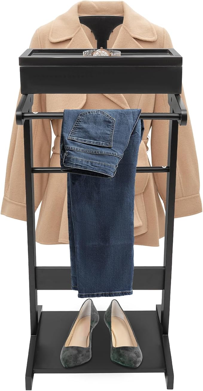 Wood Suit Rack Suit Stand for Man and Women Clothes Valet with Drawer Suit Valet Stands Men Valet Black Suit Valet for Entryway Office Living Room