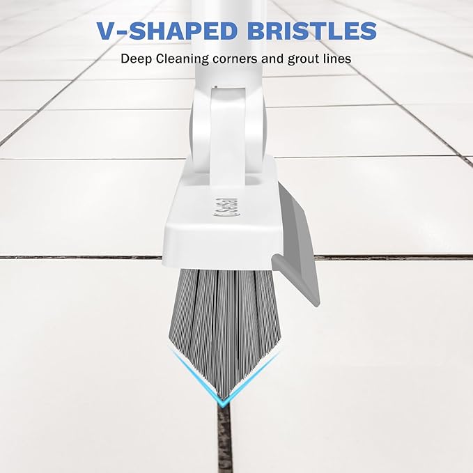 SetSail Grout Cleaner Brush with Long Handle, V-Shaped Floor Scrub Brush Swivel Grout Brush Stiff Bristle Floor Grout Scrubber for Bathroom, Tile Line, Crevice, Kitchen, Wall, Deck, Garage, White Grey