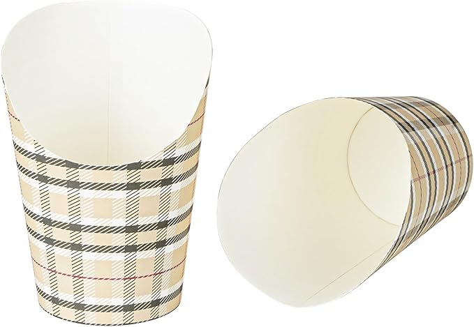 Restaurantware Bio Tek 12 Ounce French Fry Containers 100 Disposable Charcuterie Cups - Incline Design Round Plaid Paper French Fry Cups Stackable For Waffles Chips or Popcorn