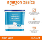 Amazon Basics Dishwasher Detergent Pacs, Fresh Scent, Cuts Grease, Rinses Clean, Removes 24HR Dried-On Stains, 85 Count (Previously Solimo)