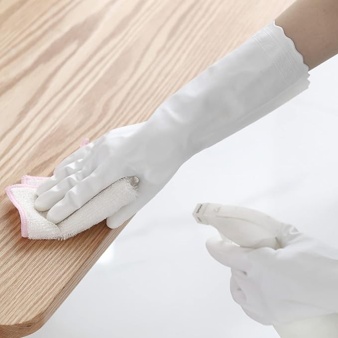 Bamllum Rubber Cleaning Gloves - 3 Pairs Latex Free Kitchen Cleaning Gloves with Cotton Liner- Household Dishwashing Gloves, Non- Slip Waterproof (Medium, Blue+Pink+White)