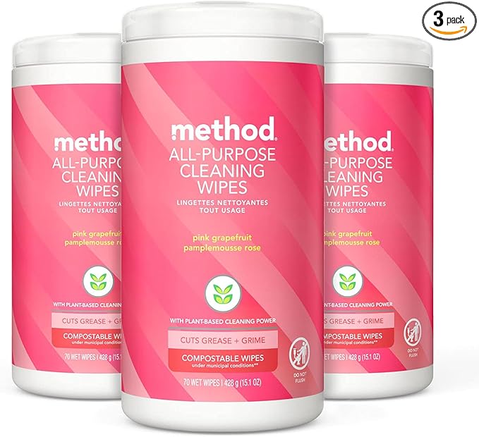 Method All-Purpose Cleaning Wipes, Pink Grapefruit, Multi-Surface, Compostable, 70 Count (Pack of 3)