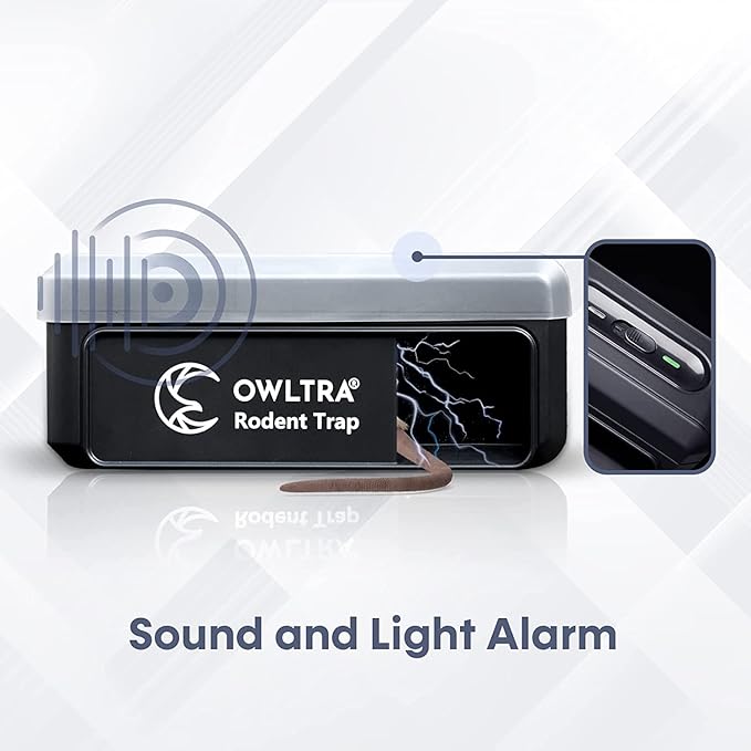 OWLTRA OW-7 in-/Outdoor Electric Rodent Trap, Instant Kill Mouse & Rat Zapper with Waterproof Cover, Sound & Light Alarm, and Batteries or USB Power Source, Waterproof Grade IPX4, Black