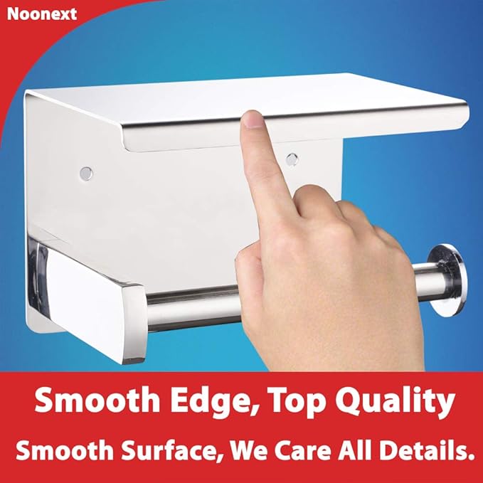 Toilet Paper Holder with Shelf Wall Mounted, Adhesive Toilet Paper Roll Holder, Stainless Steel Tissue Roll Dispenser Storage, Adhesive No Drilling Or Drilling with Screws (Polished Chrome)