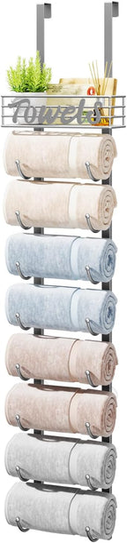HapiRm Towel Racks for Bathroom Storage - 9 Tier Over The Door & Wall Mount Rolled Towel Storage Organizer Holder with Metal Shelf Basket for Small Bathroom, Camper, Rv - Sliver, Patented