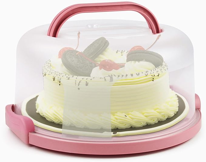 Zoofen Plastic Cake Carrier with Handle 10in Cake Holder Cake Stand with Lid Pink Cake Container for 10in Cake Round Cake Carrier for Transport