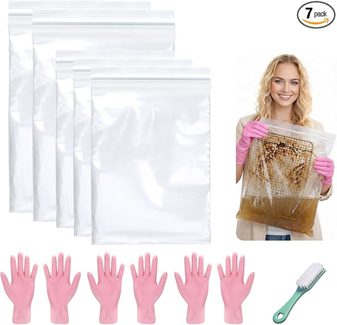 Mity Rain 5 Packs Oven Rack Cleaning Bag Kit, Reusable No-Scrub Oven Rack Cleaning Bags, Includes three gloves and one brush (three 23.62*35.43 inch and two 31.50*39.37inch) leak-resistant PE bags