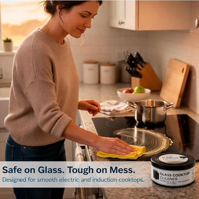 US-based supplier – OEM 12010031 Glass Cooktop Cleaner fits for Electric & Induction Bosch Thermador Cooktops – Cooktop Cleaning Cream – Removes Grease, Burnt-On Residue & Stains (1, 12 ounce)