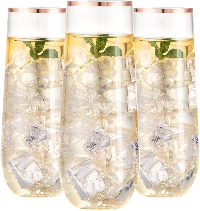 Ciaell 24 Pack Rose Gold Plastic Champagne Flutes - 9 Oz Disposable Champagne Glasses - Stemless Mimosa Glass for Parties & Weddings & Birthdays