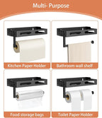Paper Towel Holder Wall Mount for Kitchen, One-Handed Tear, Bathroom Paper Towel Holder with Shelf, RV Paper Towel Rack Wall Mount Paper Roll Holder with 4 Hooks, Matte Black