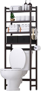 Cozivolife Over The Toilet Storage with 2 Baskets, 4-Tier Bamboo Organizer Rack with Paper Holder & 4 Hooks & Waterproof Feet Pad,Freestanding Shelf for Bathroom(Brown)