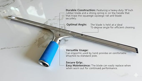18-Inch Heavy-Duty Window Squeegee with Rubber Blade, Ideal 15 Degree Angle. Color Blue