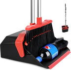 Large Upright Broom and Dustpan, Heavy Duty Dust Pan with 51" Long Handle for Indoor Outdoor Garage Kitchen Room (Black and Red)