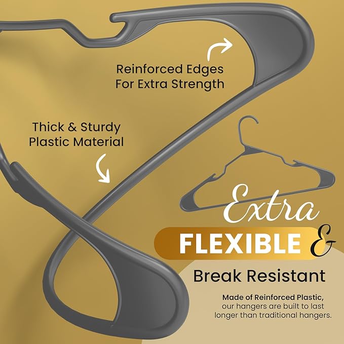 Our Modern Space 50 Pack Adult Plastic Hanger for Shirt Pants Coats Dresses Skirts Suits Jackets - Standard Thick Coat Hanger - Sturdy & Durable Design with Shoulder Grooves Hook - Grey