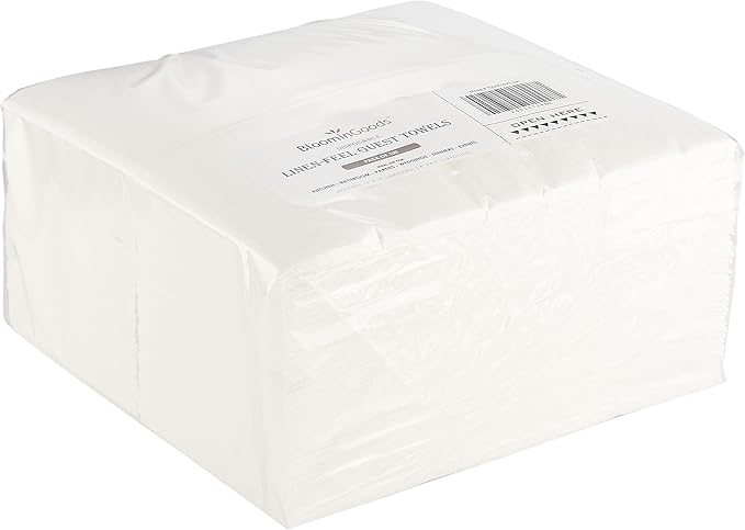100-Pack BloominGoods Disposable Bathroom Napkins | Linen-Feel Guest Towels | Cloth-Like Hand Tissue Paper, White, 12" x 17" (Made In USA)