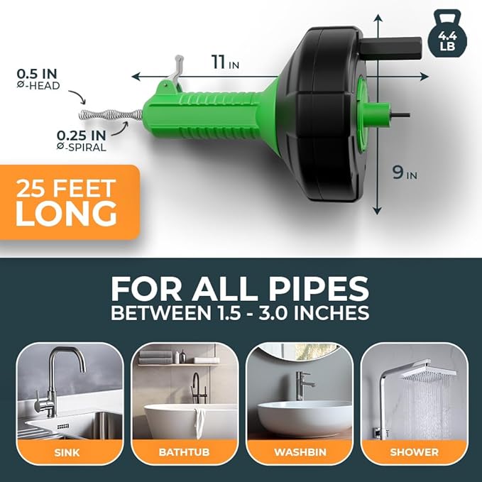 drain snake [25 FT] - Auto Feed - Ideal plumbing snake for sink and drain unblocking - Solid drain auger for real DYIs!